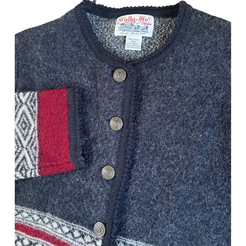 Vintage Tally-Ho Wool Cardigan Sweater Charcoal Gray Burgundy Fair Isle PM